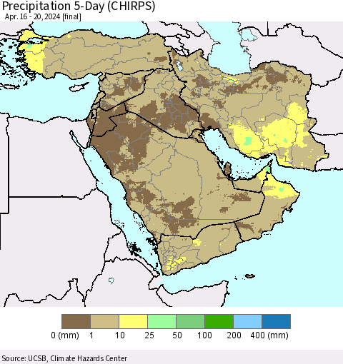 Middle East and Turkey Precipitation 5-Day (CHIRPS) Thematic Map For 4/16/2024 - 4/20/2024