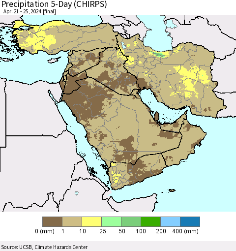 Middle East and Turkey Precipitation 5-Day (CHIRPS) Thematic Map For 4/21/2024 - 4/25/2024
