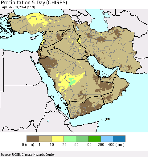 Middle East and Turkey Precipitation 5-Day (CHIRPS) Thematic Map For 4/26/2024 - 4/30/2024
