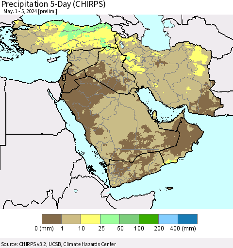 Middle East and Turkey Precipitation 5-Day (CHIRPS) Thematic Map For 5/1/2024 - 5/5/2024