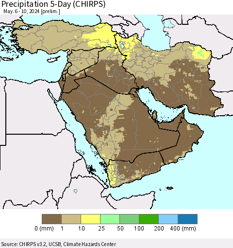 Middle East and Turkey Precipitation 5-Day (CHIRPS) Thematic Map For 5/6/2024 - 5/10/2024