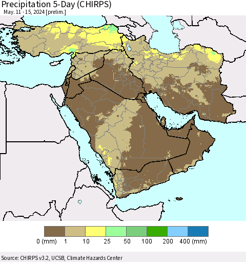 Middle East and Turkey Precipitation 5-Day (CHIRPS) Thematic Map For 5/11/2024 - 5/15/2024
