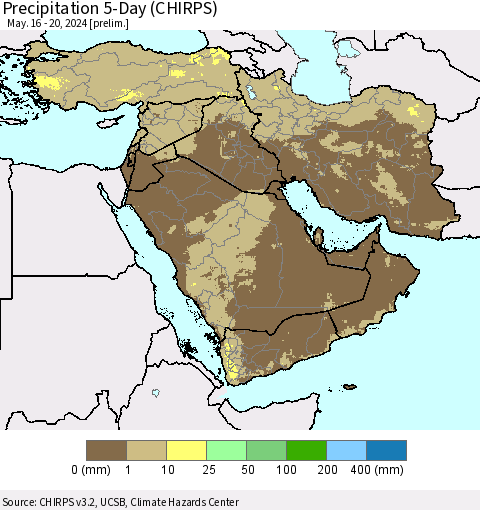 Middle East and Turkey Precipitation 5-Day (CHIRPS) Thematic Map For 5/16/2024 - 5/20/2024