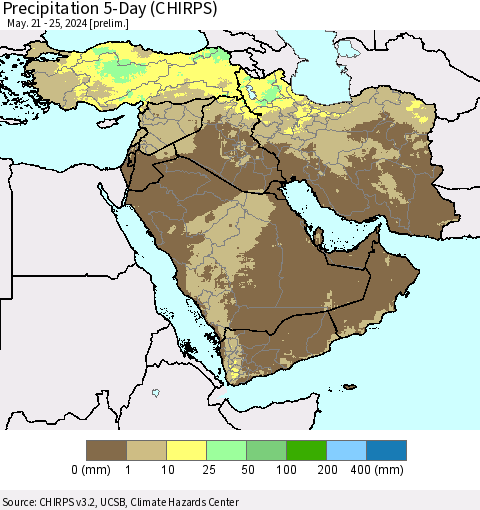 Middle East and Turkey Precipitation 5-Day (CHIRPS) Thematic Map For 5/21/2024 - 5/25/2024