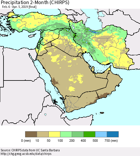Middle East and Turkey Precipitation 2-Month (CHIRPS) Thematic Map For 2/6/2019 - 4/5/2019