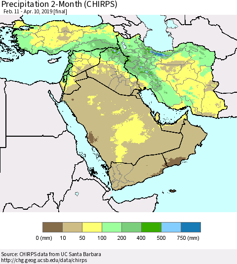 Middle East and Turkey Precipitation 2-Month (CHIRPS) Thematic Map For 2/11/2019 - 4/10/2019