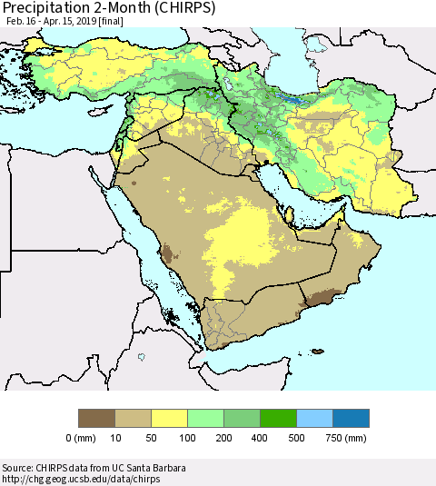 Middle East and Turkey Precipitation 2-Month (CHIRPS) Thematic Map For 2/16/2019 - 4/15/2019
