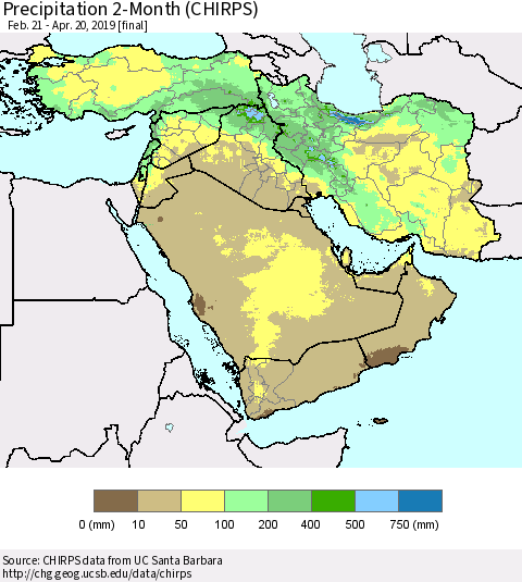Middle East and Turkey Precipitation 2-Month (CHIRPS) Thematic Map For 2/21/2019 - 4/20/2019
