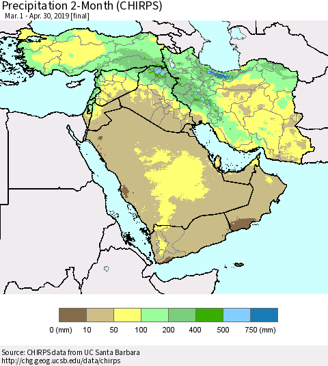 Middle East and Turkey Precipitation 2-Month (CHIRPS) Thematic Map For 3/1/2019 - 4/30/2019