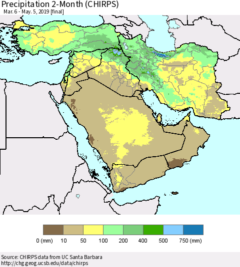 Middle East and Turkey Precipitation 2-Month (CHIRPS) Thematic Map For 3/6/2019 - 5/5/2019