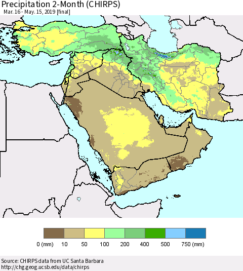 Middle East and Turkey Precipitation 2-Month (CHIRPS) Thematic Map For 3/16/2019 - 5/15/2019