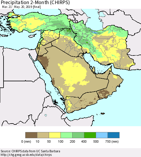 Middle East and Turkey Precipitation 2-Month (CHIRPS) Thematic Map For 3/21/2019 - 5/20/2019