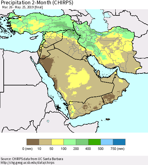 Middle East and Turkey Precipitation 2-Month (CHIRPS) Thematic Map For 3/26/2019 - 5/25/2019