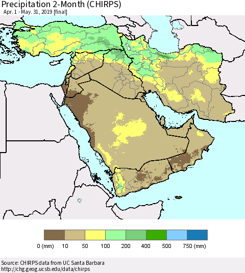 Middle East and Turkey Precipitation 2-Month (CHIRPS) Thematic Map For 4/1/2019 - 5/31/2019