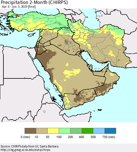 Middle East and Turkey Precipitation 2-Month (CHIRPS) Thematic Map For 4/6/2019 - 6/5/2019