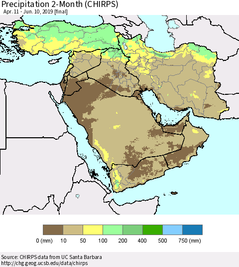 Middle East and Turkey Precipitation 2-Month (CHIRPS) Thematic Map For 4/11/2019 - 6/10/2019