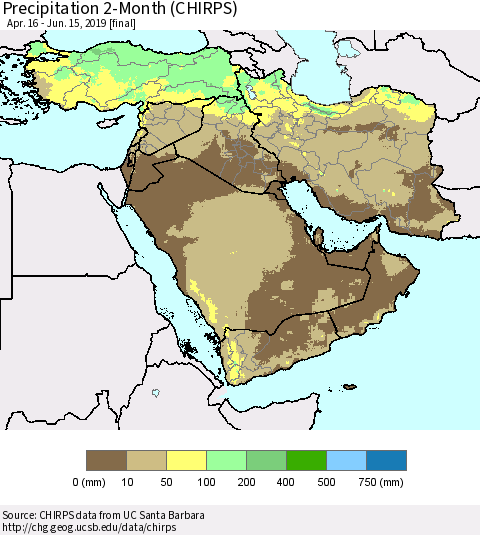 Middle East and Turkey Precipitation 2-Month (CHIRPS) Thematic Map For 4/16/2019 - 6/15/2019
