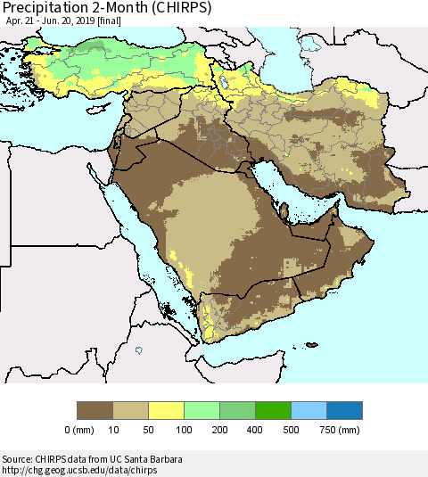 Middle East and Turkey Precipitation 2-Month (CHIRPS) Thematic Map For 4/21/2019 - 6/20/2019