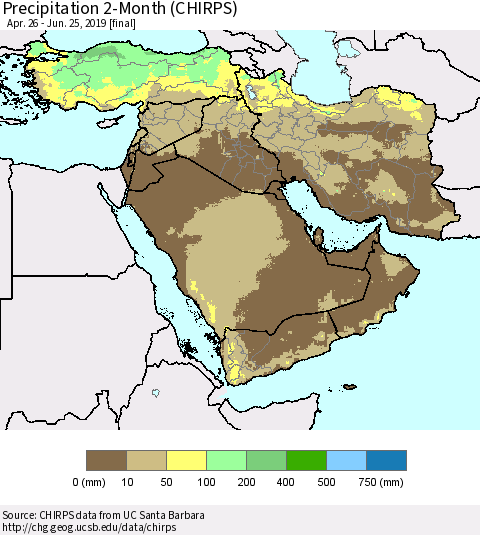 Middle East and Turkey Precipitation 2-Month (CHIRPS) Thematic Map For 4/26/2019 - 6/25/2019