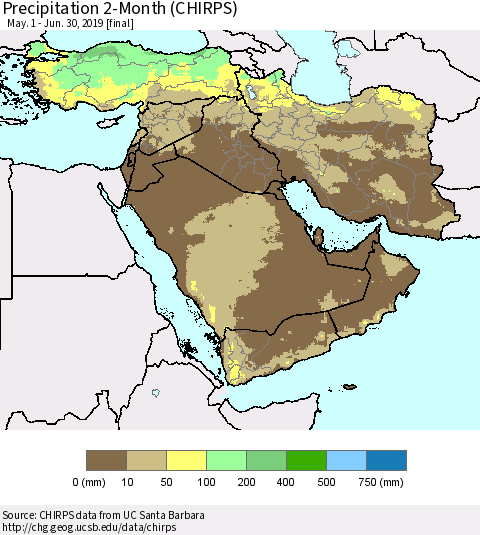 Middle East and Turkey Precipitation 2-Month (CHIRPS) Thematic Map For 5/1/2019 - 6/30/2019