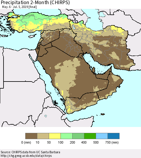 Middle East and Turkey Precipitation 2-Month (CHIRPS) Thematic Map For 5/6/2019 - 7/5/2019