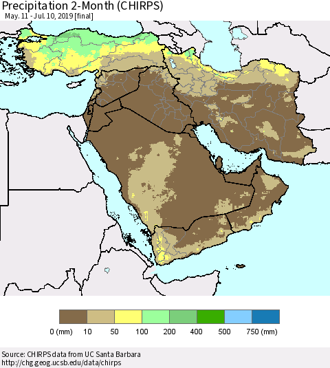 Middle East and Turkey Precipitation 2-Month (CHIRPS) Thematic Map For 5/11/2019 - 7/10/2019