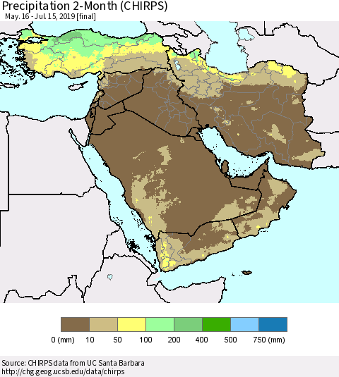 Middle East and Turkey Precipitation 2-Month (CHIRPS) Thematic Map For 5/16/2019 - 7/15/2019