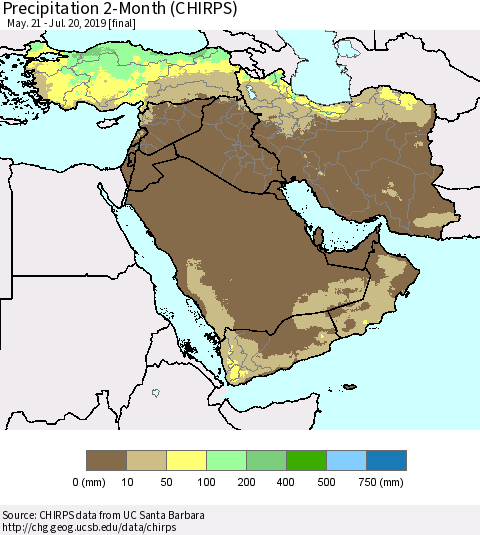 Middle East and Turkey Precipitation 2-Month (CHIRPS) Thematic Map For 5/21/2019 - 7/20/2019