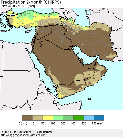 Middle East and Turkey Precipitation 2-Month (CHIRPS) Thematic Map For 5/26/2019 - 7/25/2019