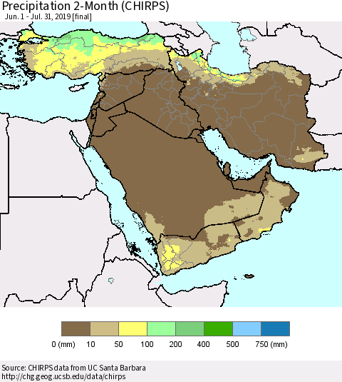 Middle East and Turkey Precipitation 2-Month (CHIRPS) Thematic Map For 6/1/2019 - 7/31/2019