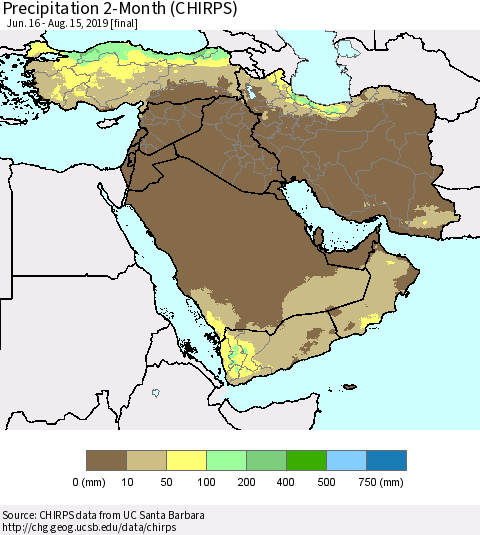 Middle East and Turkey Precipitation 2-Month (CHIRPS) Thematic Map For 6/16/2019 - 8/15/2019