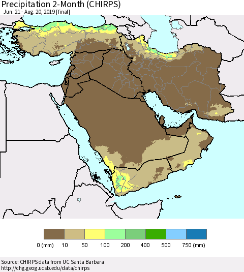 Middle East and Turkey Precipitation 2-Month (CHIRPS) Thematic Map For 6/21/2019 - 8/20/2019