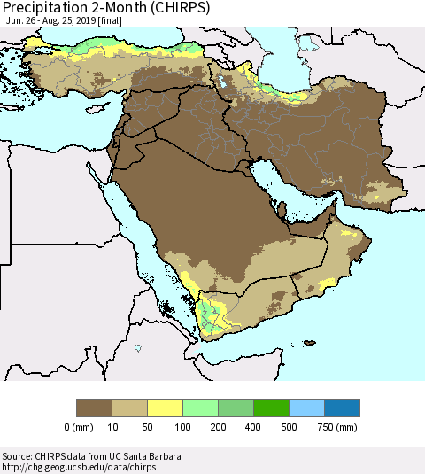 Middle East and Turkey Precipitation 2-Month (CHIRPS) Thematic Map For 6/26/2019 - 8/25/2019