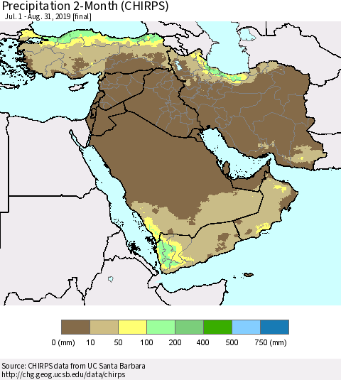 Middle East and Turkey Precipitation 2-Month (CHIRPS) Thematic Map For 7/1/2019 - 8/31/2019