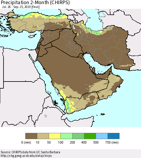 Middle East and Turkey Precipitation 2-Month (CHIRPS) Thematic Map For 7/26/2019 - 9/25/2019