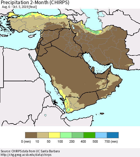 Middle East and Turkey Precipitation 2-Month (CHIRPS) Thematic Map For 8/6/2019 - 10/5/2019