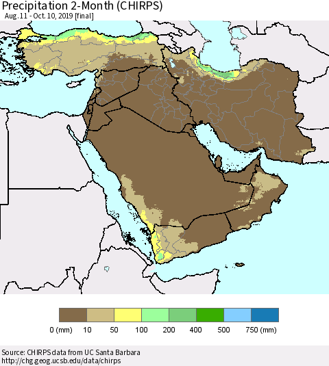 Middle East and Turkey Precipitation 2-Month (CHIRPS) Thematic Map For 8/11/2019 - 10/10/2019