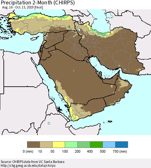 Middle East and Turkey Precipitation 2-Month (CHIRPS) Thematic Map For 8/16/2019 - 10/15/2019