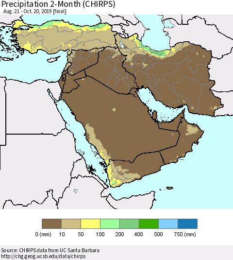 Middle East and Turkey Precipitation 2-Month (CHIRPS) Thematic Map For 8/21/2019 - 10/20/2019