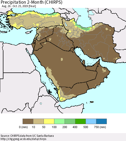 Middle East and Turkey Precipitation 2-Month (CHIRPS) Thematic Map For 8/26/2019 - 10/25/2019