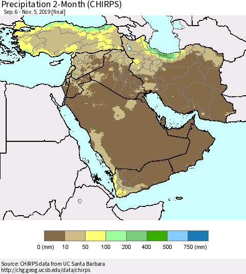 Middle East and Turkey Precipitation 2-Month (CHIRPS) Thematic Map For 9/6/2019 - 11/5/2019