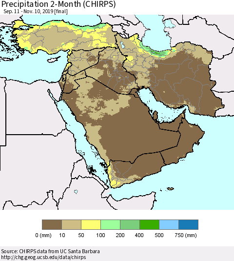 Middle East and Turkey Precipitation 2-Month (CHIRPS) Thematic Map For 9/11/2019 - 11/10/2019