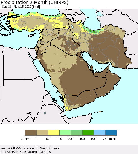 Middle East and Turkey Precipitation 2-Month (CHIRPS) Thematic Map For 9/16/2019 - 11/15/2019