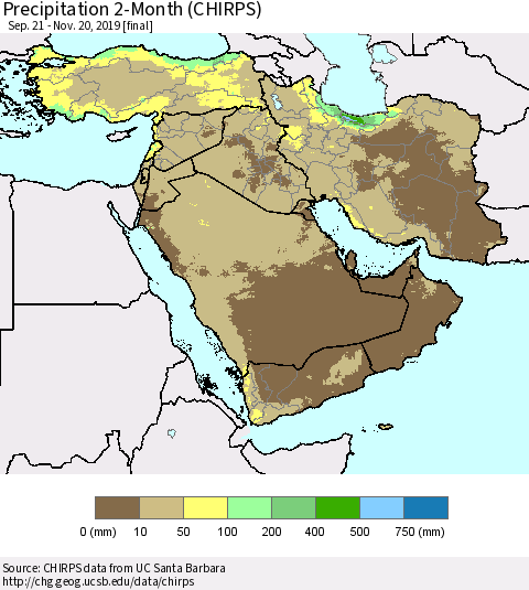 Middle East and Turkey Precipitation 2-Month (CHIRPS) Thematic Map For 9/21/2019 - 11/20/2019
