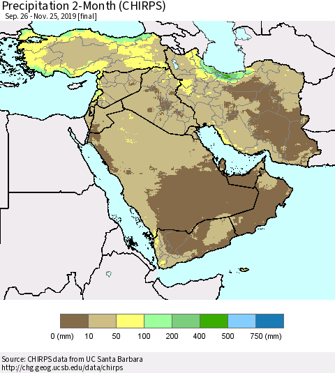 Middle East and Turkey Precipitation 2-Month (CHIRPS) Thematic Map For 9/26/2019 - 11/25/2019