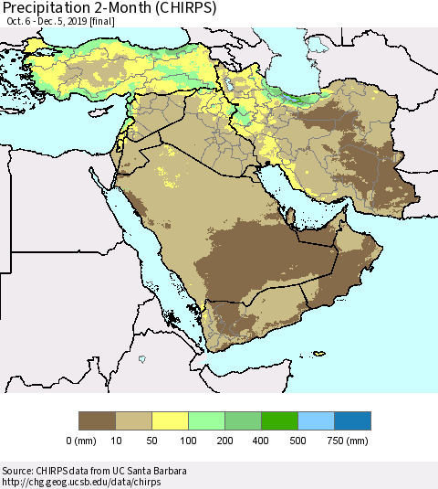 Middle East and Turkey Precipitation 2-Month (CHIRPS) Thematic Map For 10/6/2019 - 12/5/2019