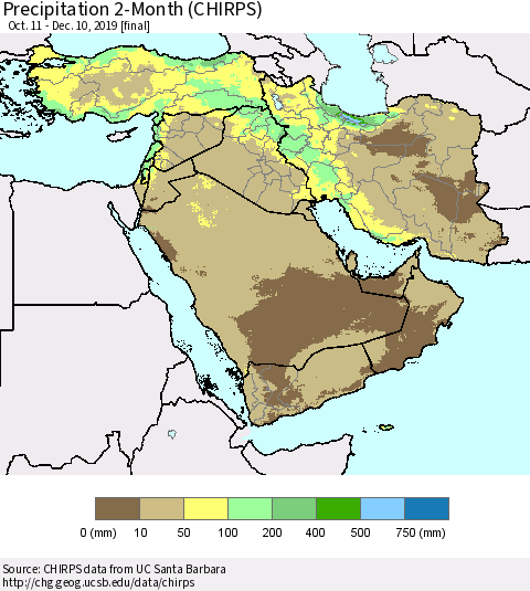 Middle East and Turkey Precipitation 2-Month (CHIRPS) Thematic Map For 10/11/2019 - 12/10/2019
