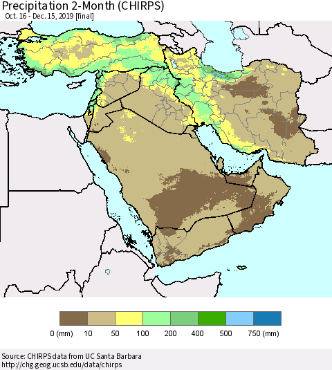 Middle East and Turkey Precipitation 2-Month (CHIRPS) Thematic Map For 10/16/2019 - 12/15/2019