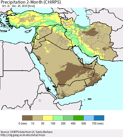 Middle East and Turkey Precipitation 2-Month (CHIRPS) Thematic Map For 10/21/2019 - 12/20/2019