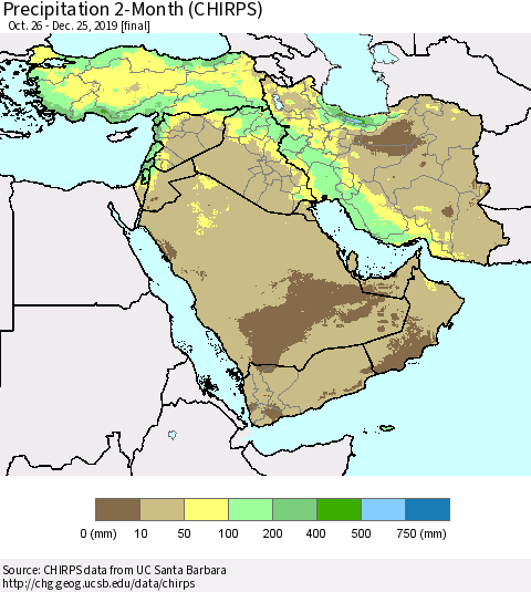 Middle East and Turkey Precipitation 2-Month (CHIRPS) Thematic Map For 10/26/2019 - 12/25/2019